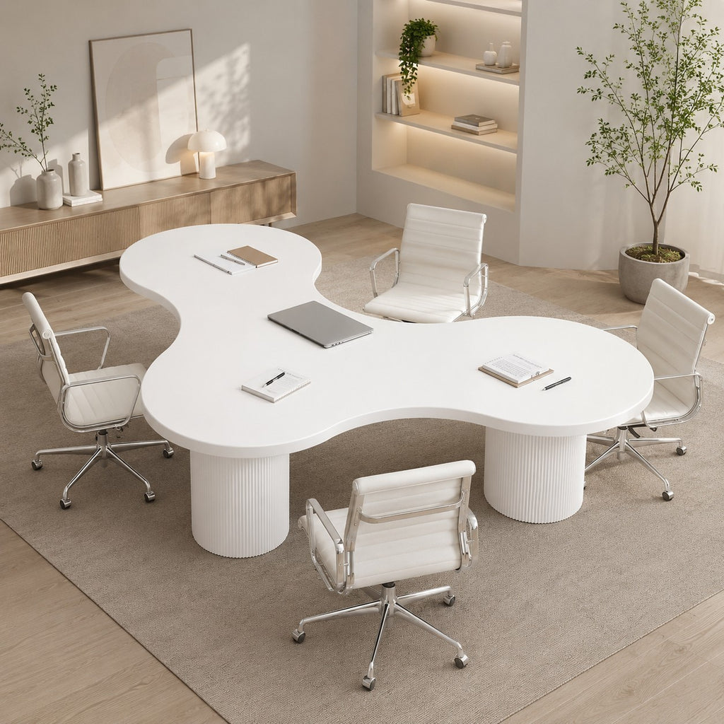 Modern Curved Boardroom Conference Table with Gloss Finish and Cylindrical Base