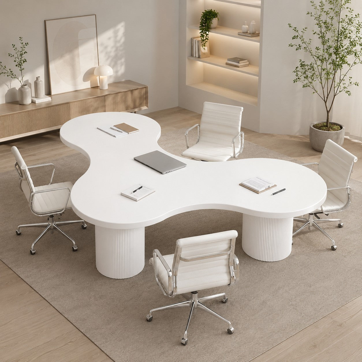 Modern Curved Boardroom Conference Table with Gloss Finish and Cylindrical Base