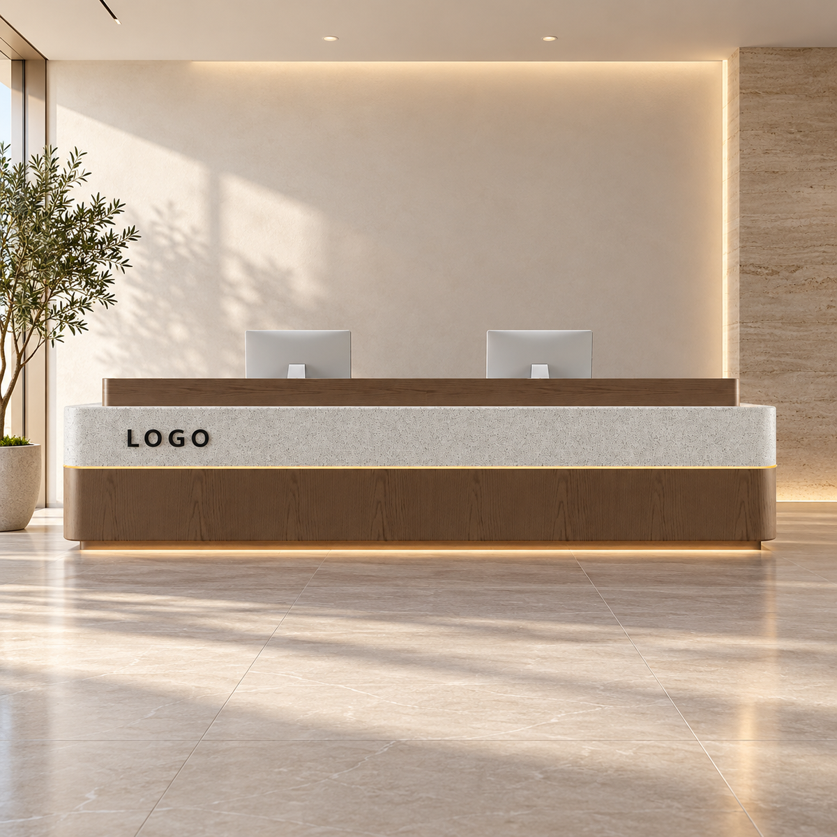 Modern Curved Reception Desk with LED Lighting, Storage and Dual-Level Countertop