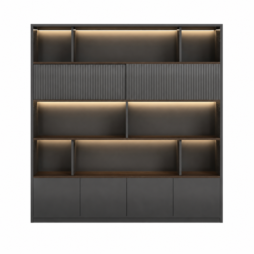 Dark Woodgrain Office Storage Suite with Fluted Panel Doors