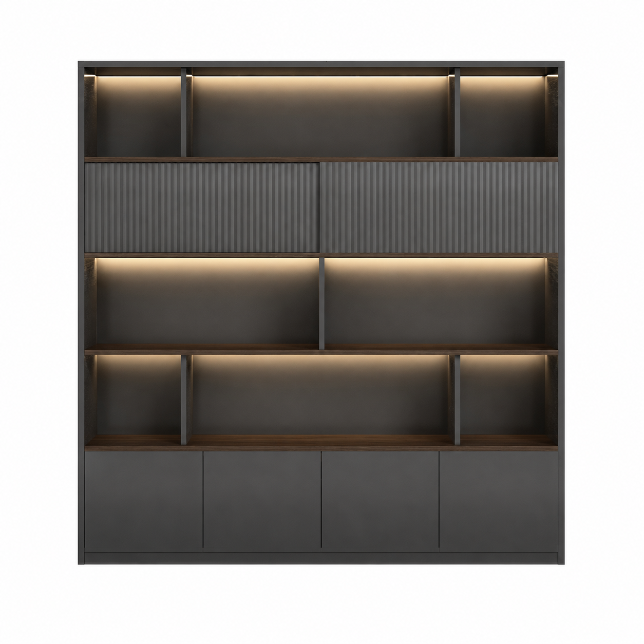 Dark Woodgrain Office Storage Suite with Fluted Panel Doors