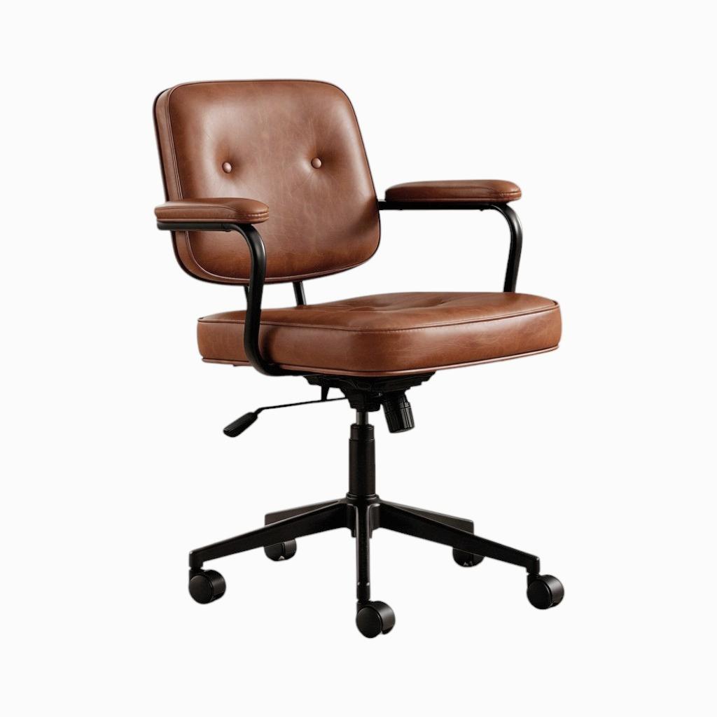Retro Mid-Century Swivel Home Office Chair with Tan Faux Leather and Padded Armrests
