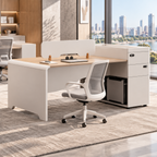 Modern Staff Desk with Curved Privacy Screen & Side Cabinet