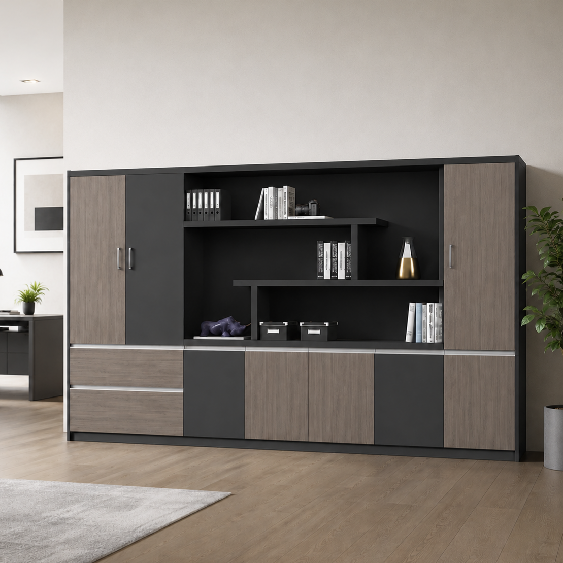 Contemporary Executive Office Storage Cabinet with Display Shelving
