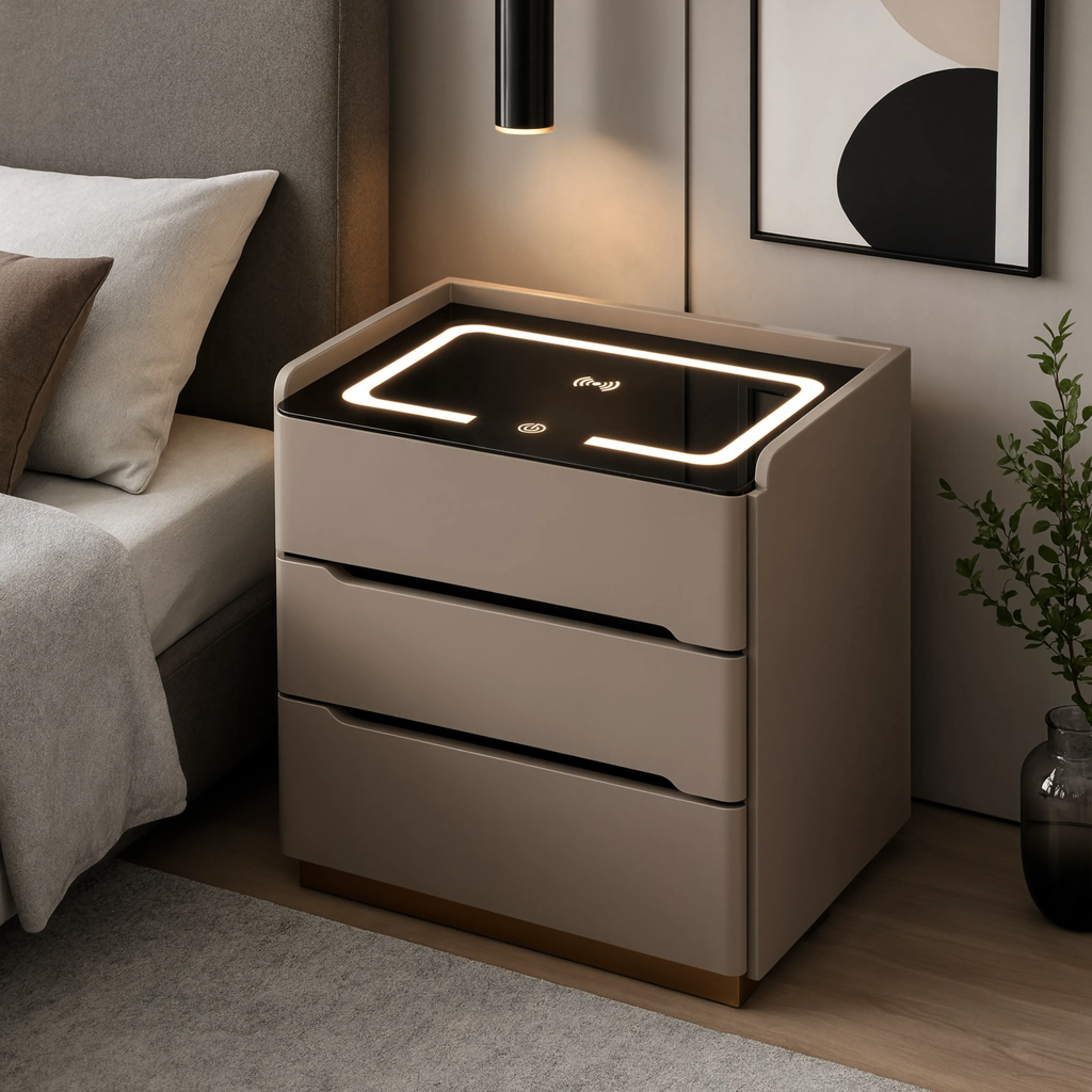 Smart Bedside Table with Wireless Charging and LED Light