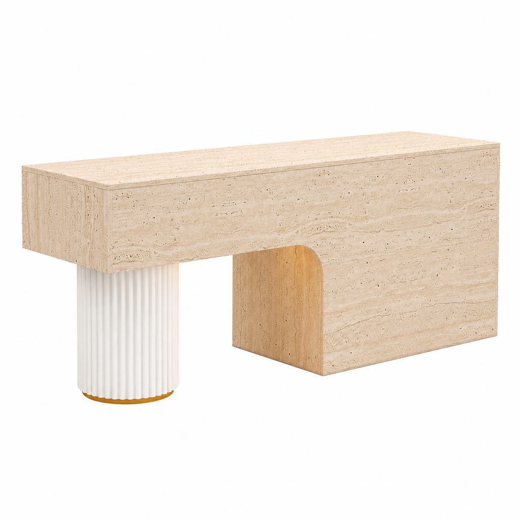 Travertine-Look Reception Desk with Fluted Column and LED Accent