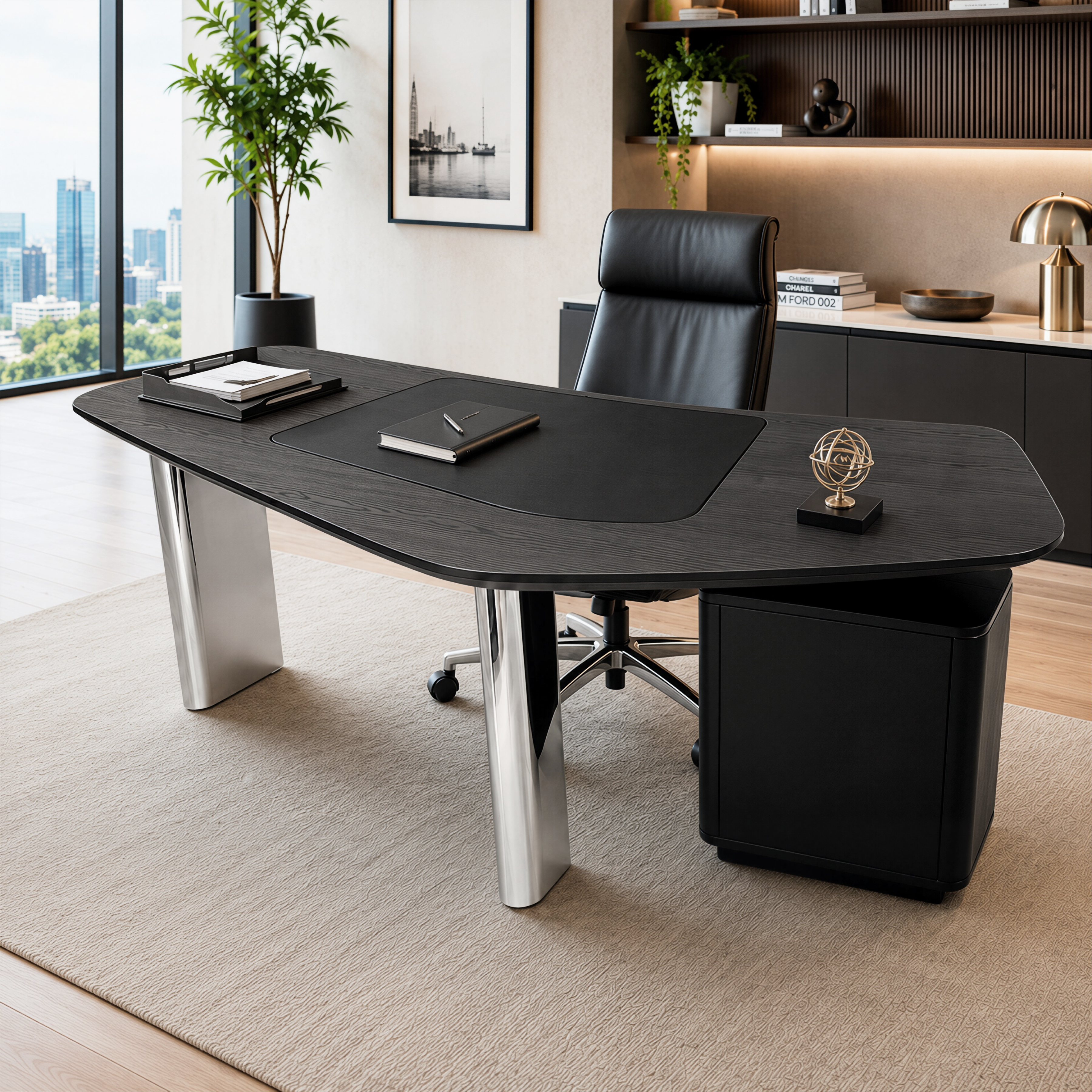 Modern Executive Desk with Leather Inlay & Storage