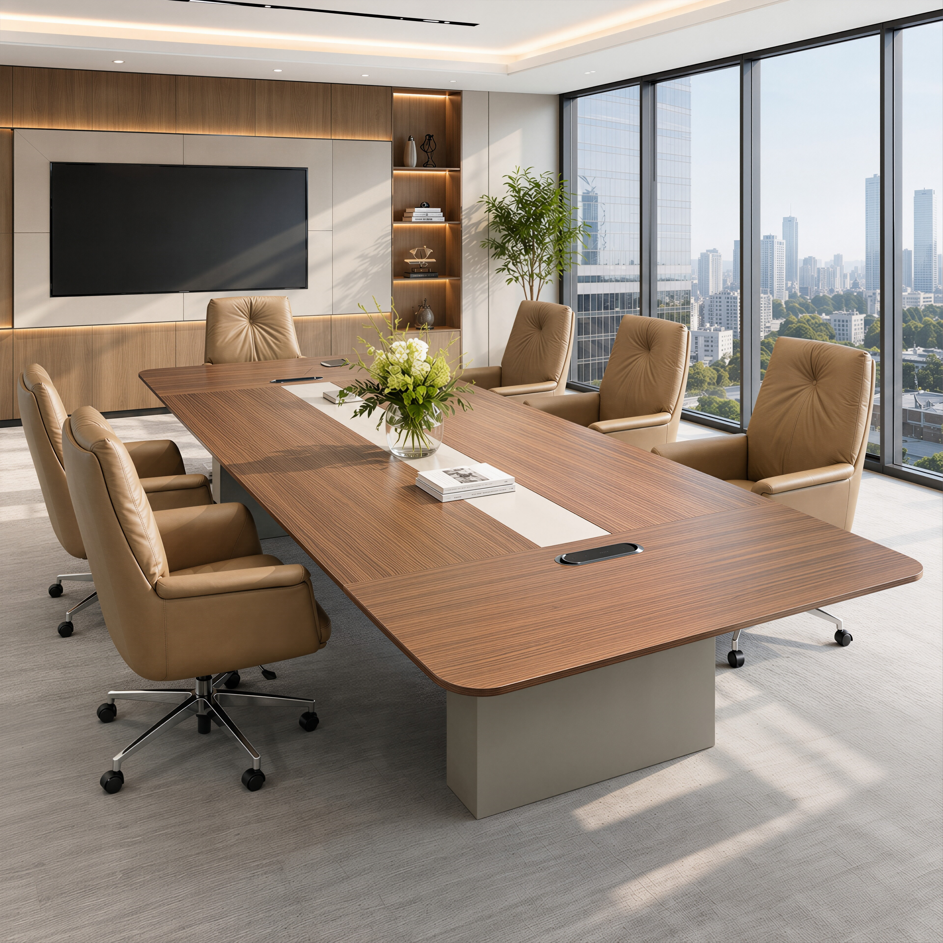 Walnut Executive Boardroom Table with Integrated Power Access