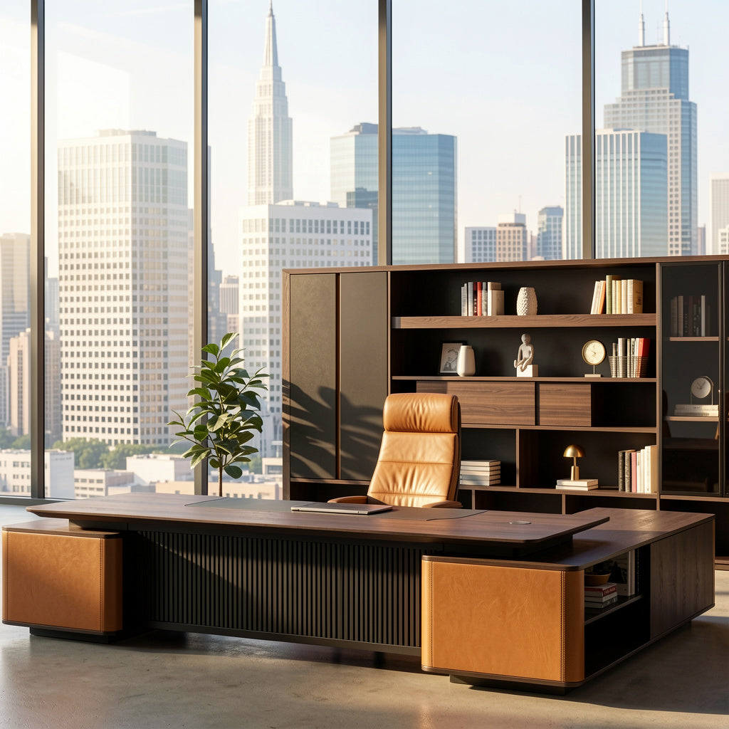 Modern Executive Timber Desk with Tan Accents and Integrated Secure Side Storage Cabinet