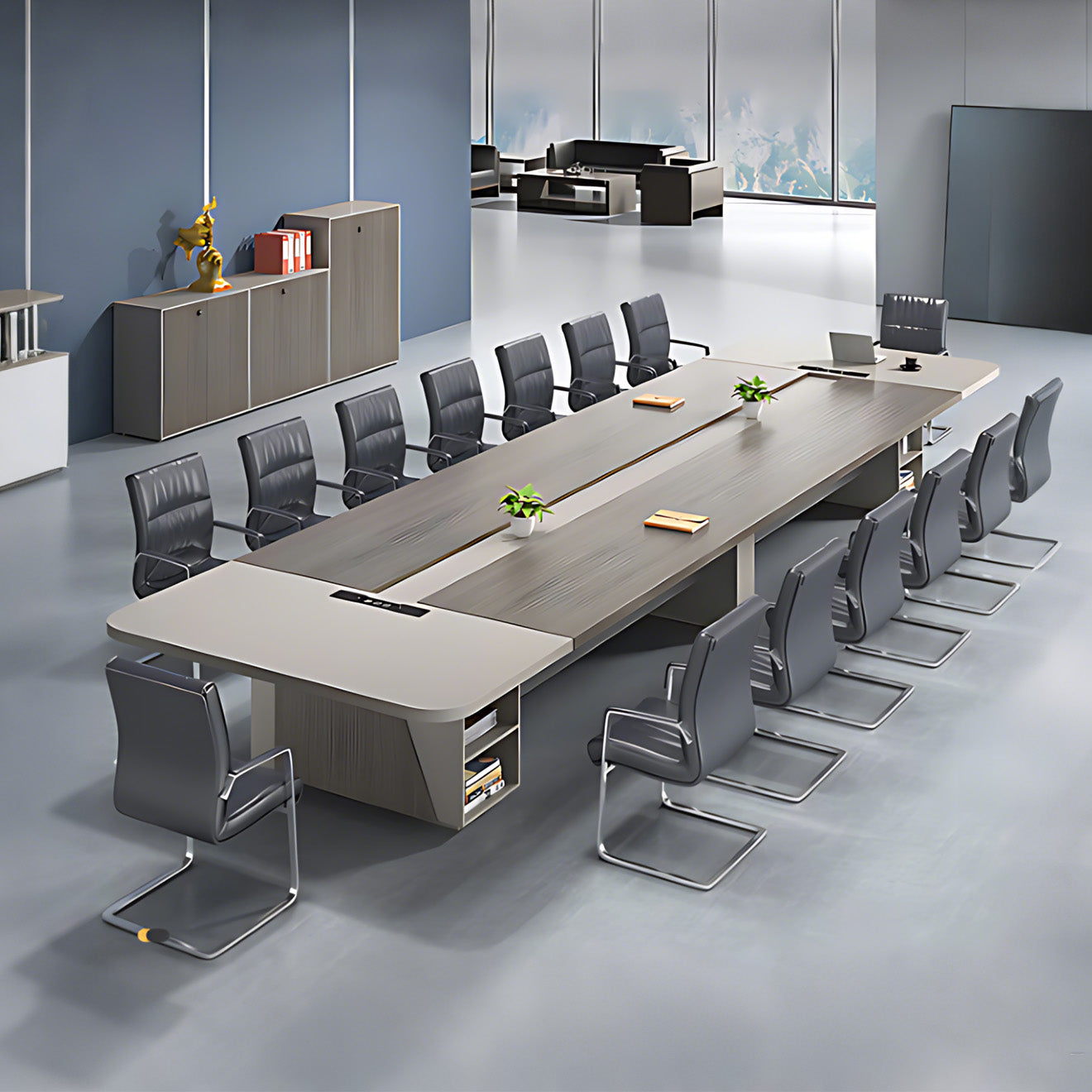 Modern Conference Table with Built-In Power Outlets and Storage Shelving