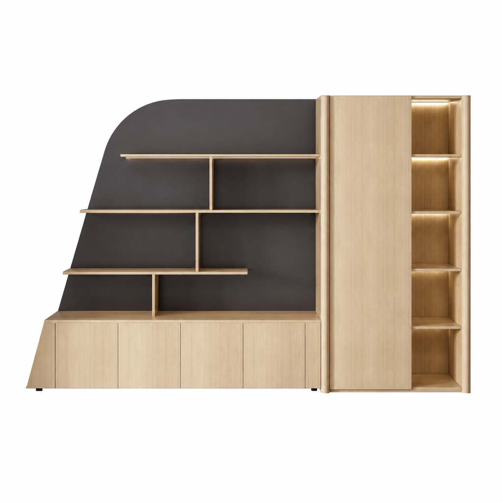 Curved Display Filing Cabinet with Integrated Wardrobe Storage