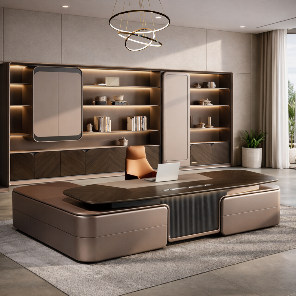 Walnut Executive Office Desk with Side Credenza, LED Ambient Panel and Cable Management