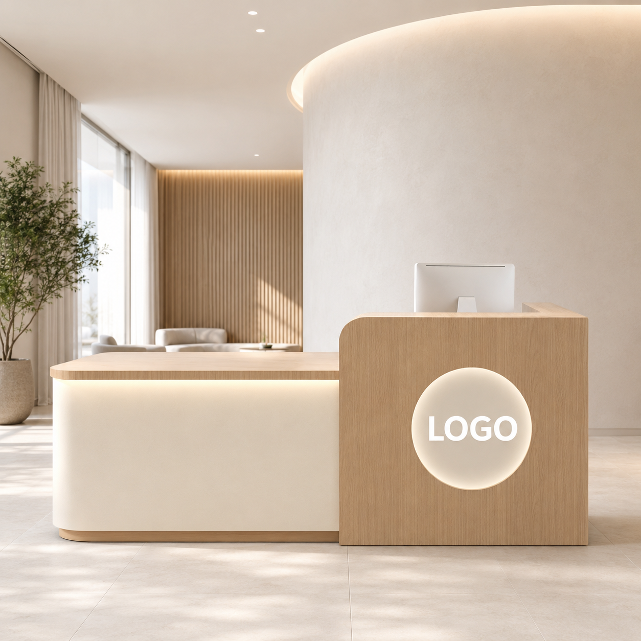 Modern Curved Reception Desk with LED Lighting, Logo Panel and Storage for Offices