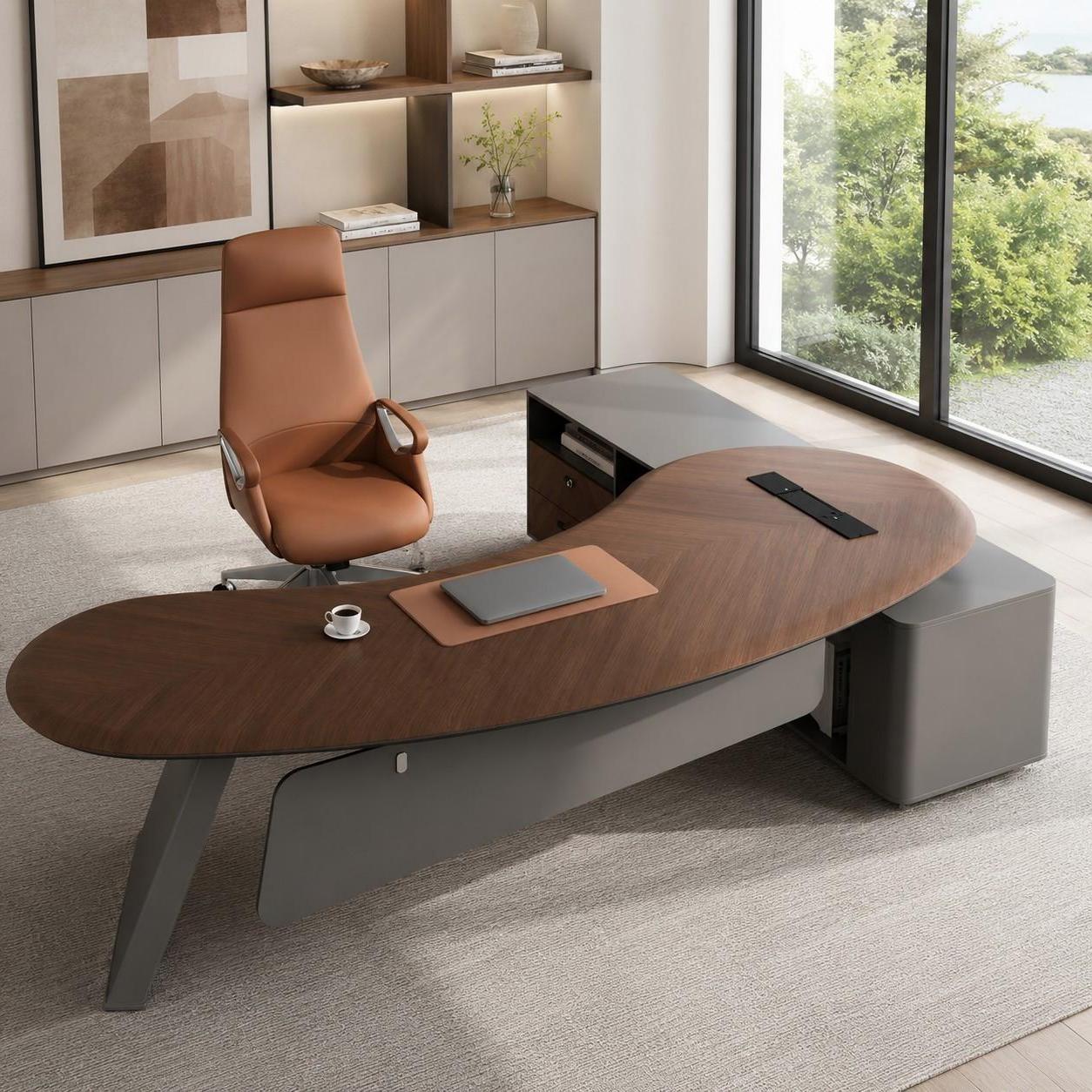 Modern Curved Executive Desk with Side Storage and Concealed Cable Management for Private Offices