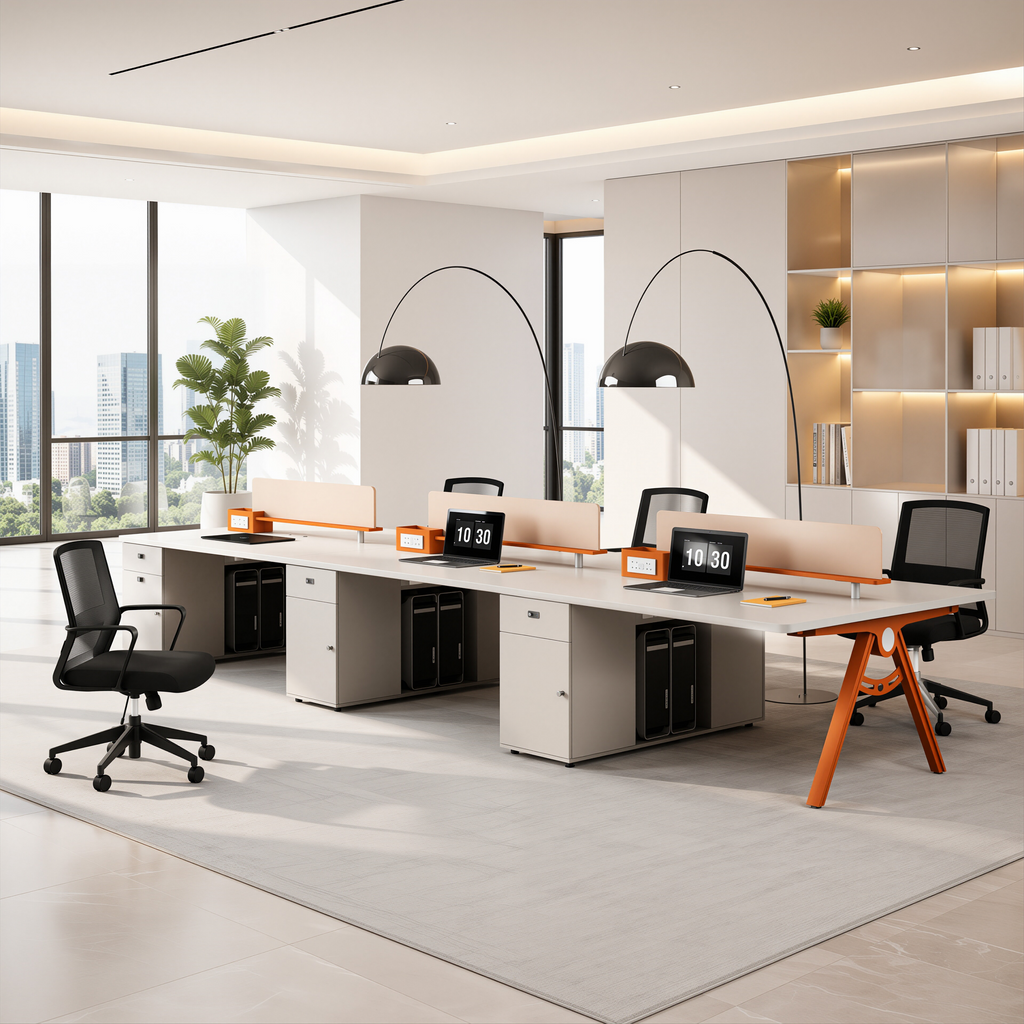 Streamlined Office Bench Desk with Divider Screen and Integrated Storage Pedestals