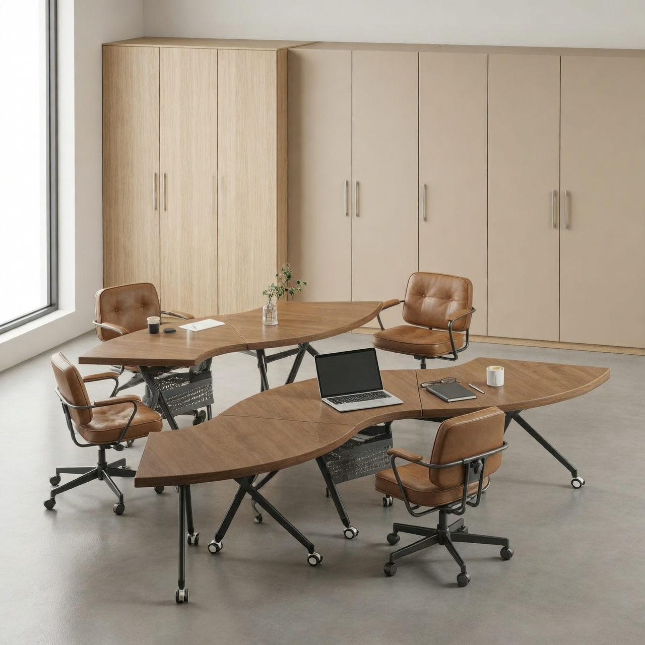Modular Circular Meeting Table System with Mobile Folding Legs for Collaborative Office Spaces