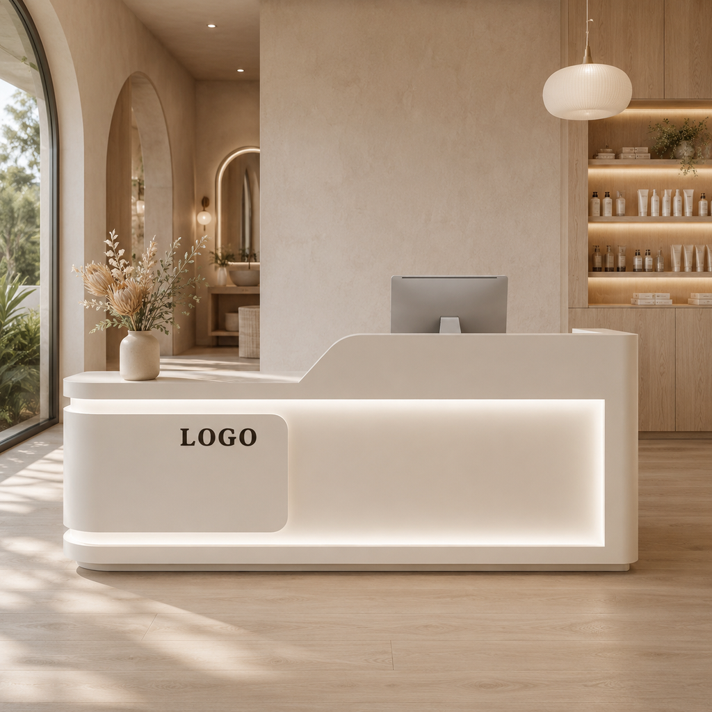 Modern Curved Reception Desk with LED Lighting and Custom Logo Panel