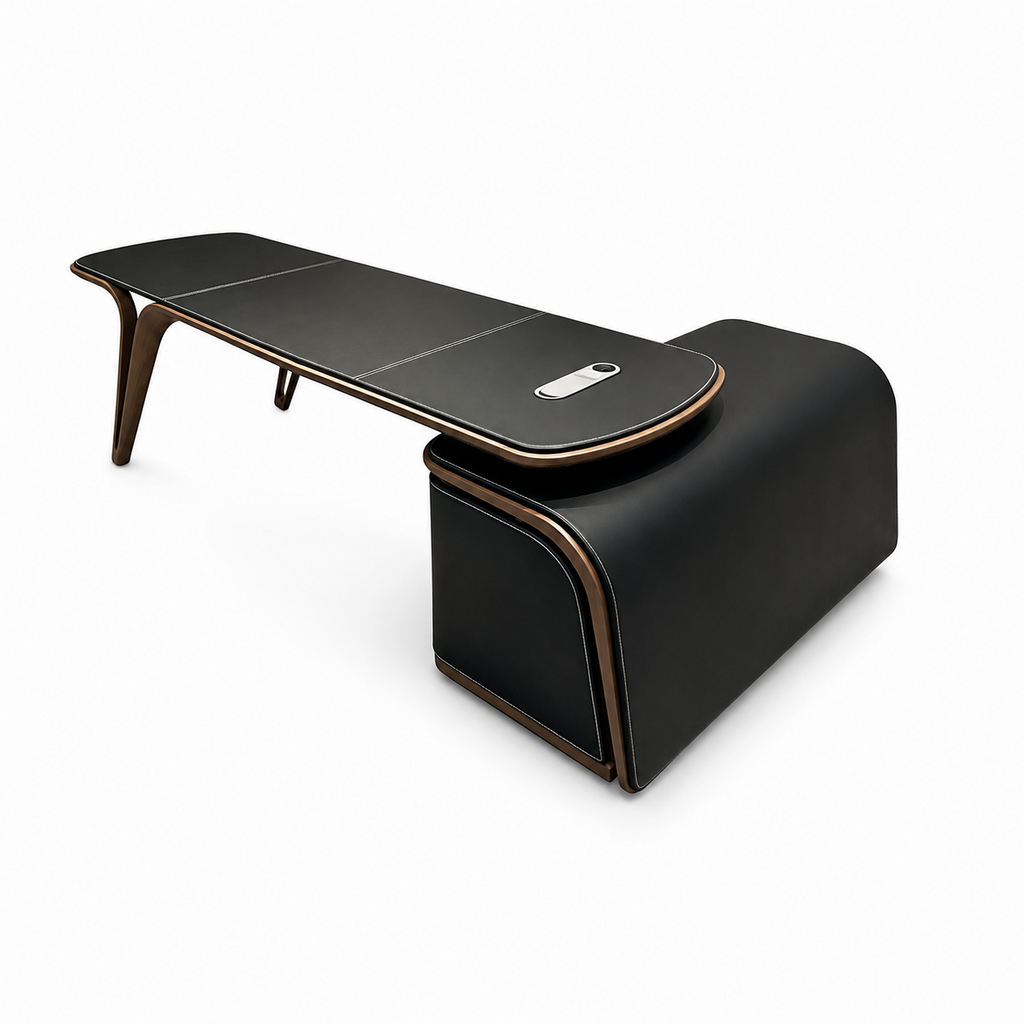 Modern Executive Office Desk with Curved Return Cabinet and Black Desktop