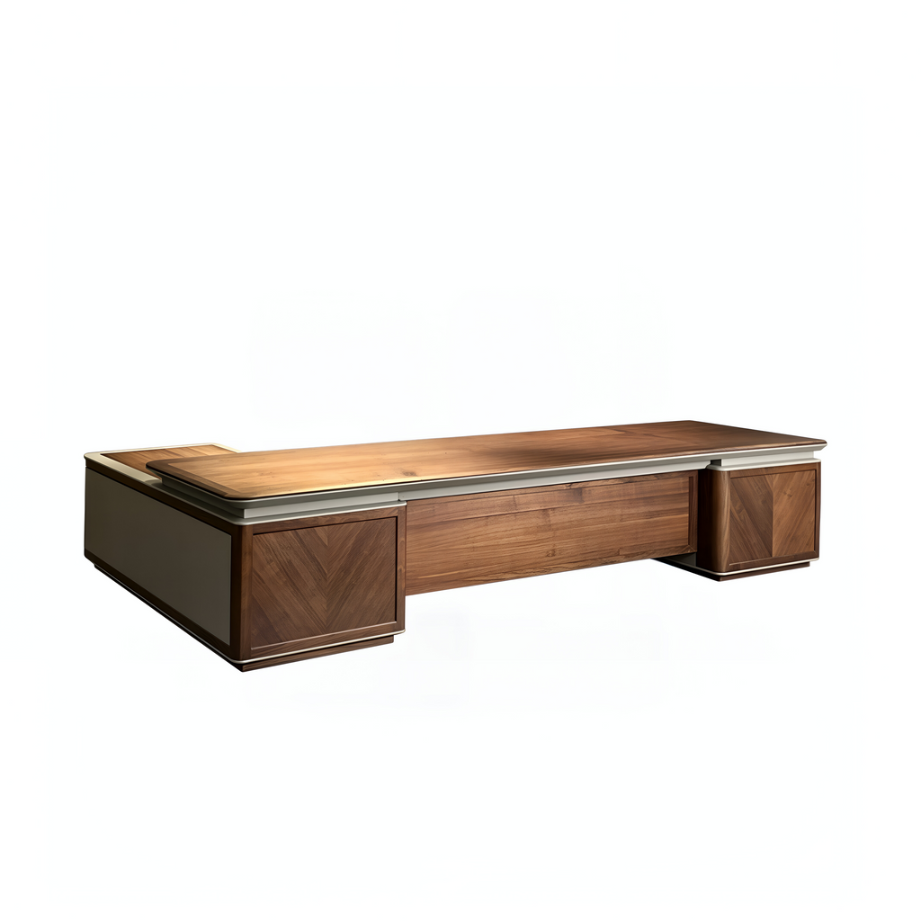 Modern Walnut Executive Desk with Side Credenzas