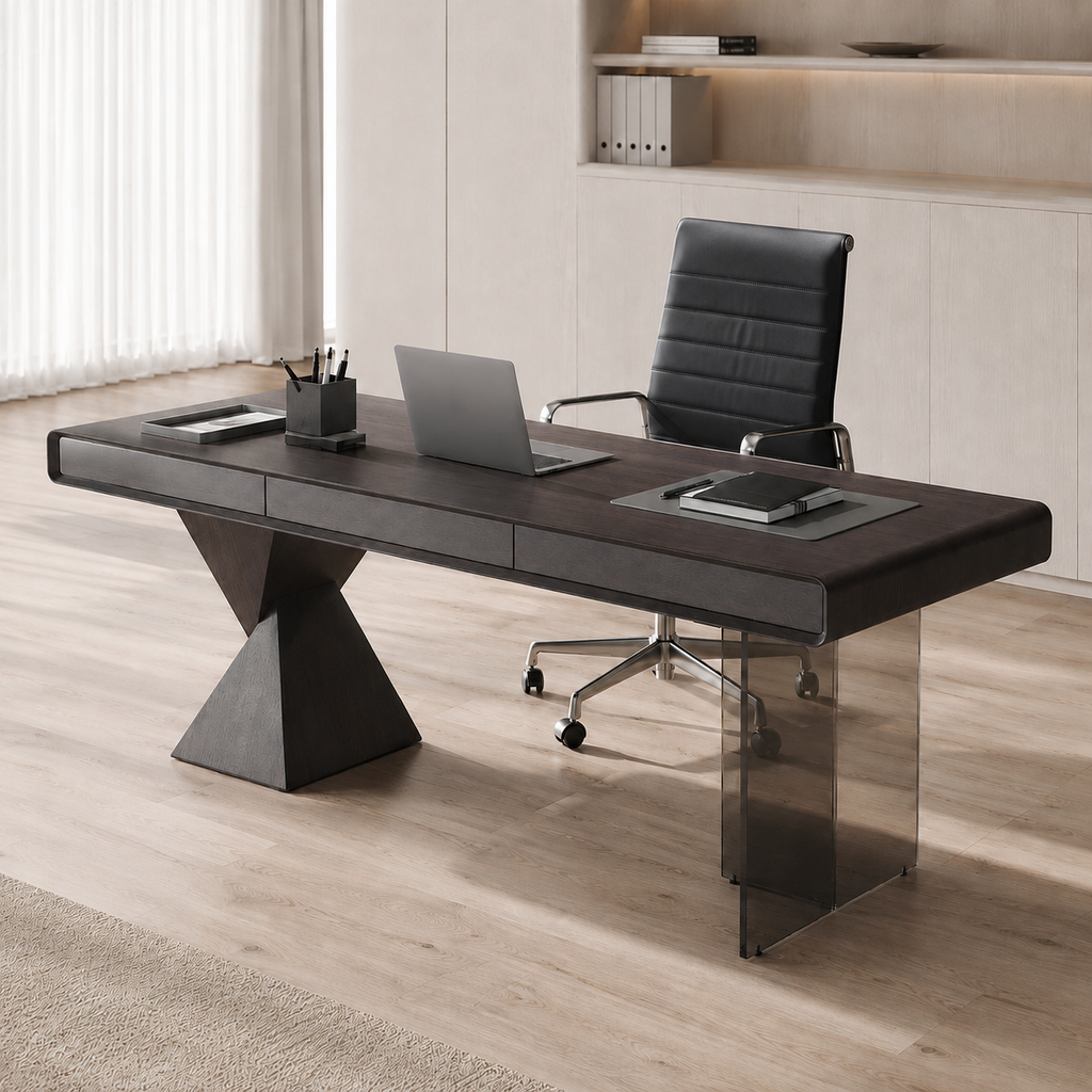 Modern Smoked Oak Executive Desk With Geometric And Acrylic Legs