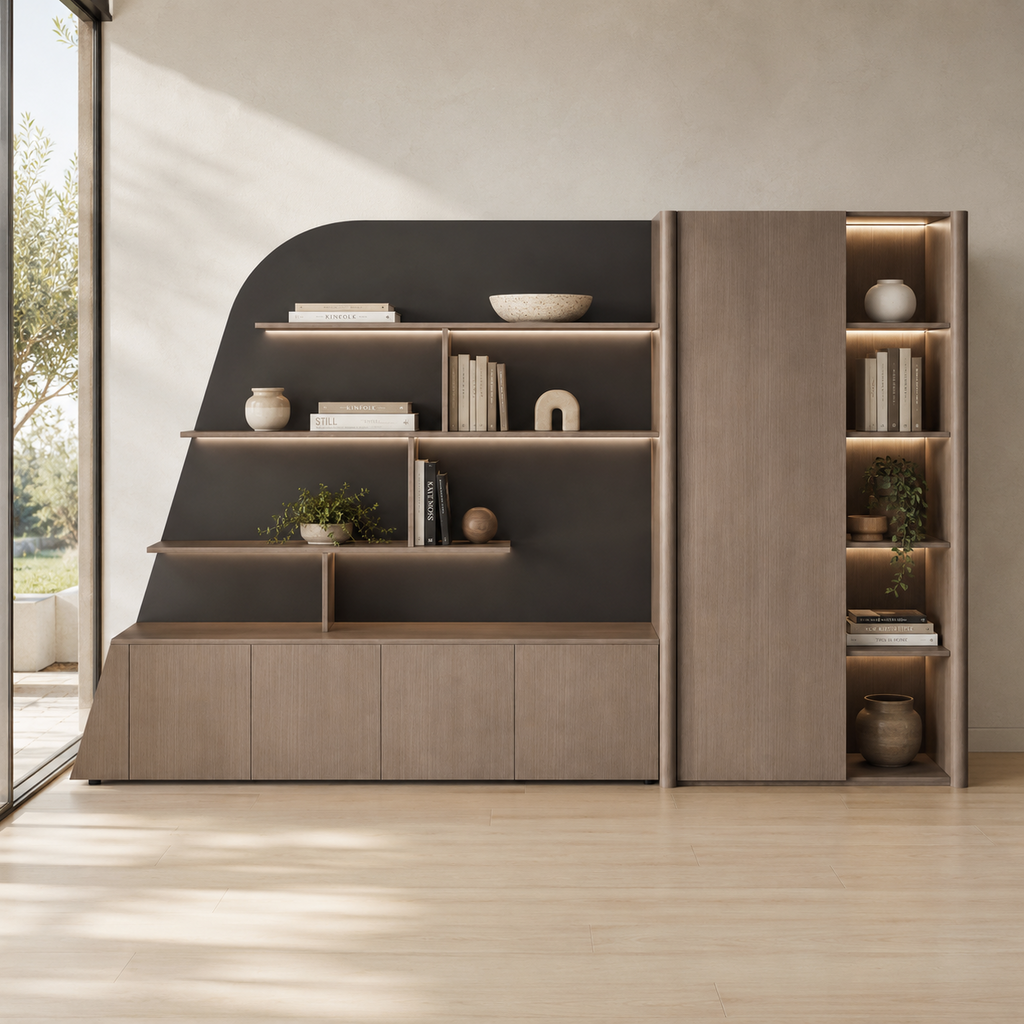 Curved Display Filing Cabinet with Integrated Wardrobe Storage