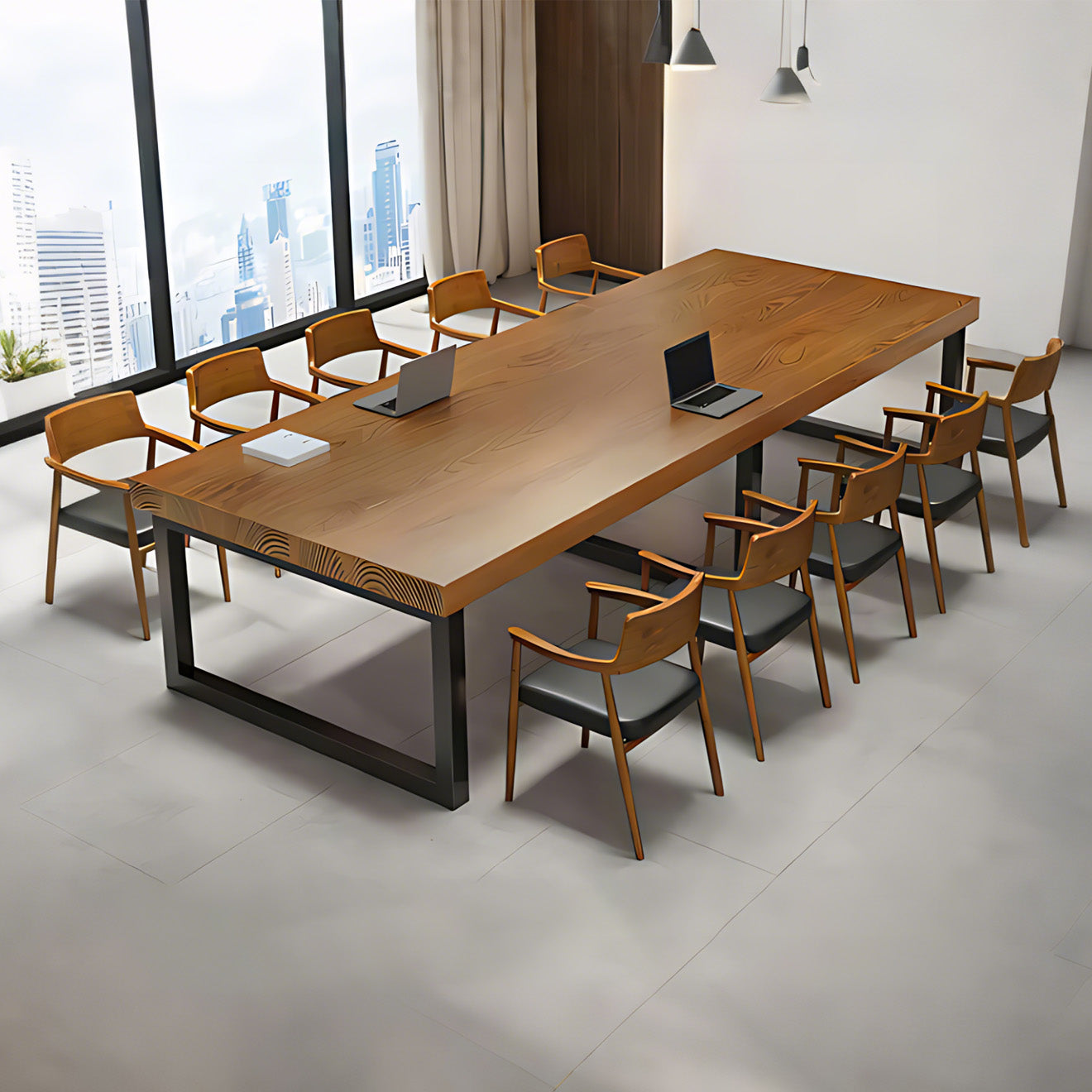 Woodgrain Conference Table with Solid Metal Frame Base