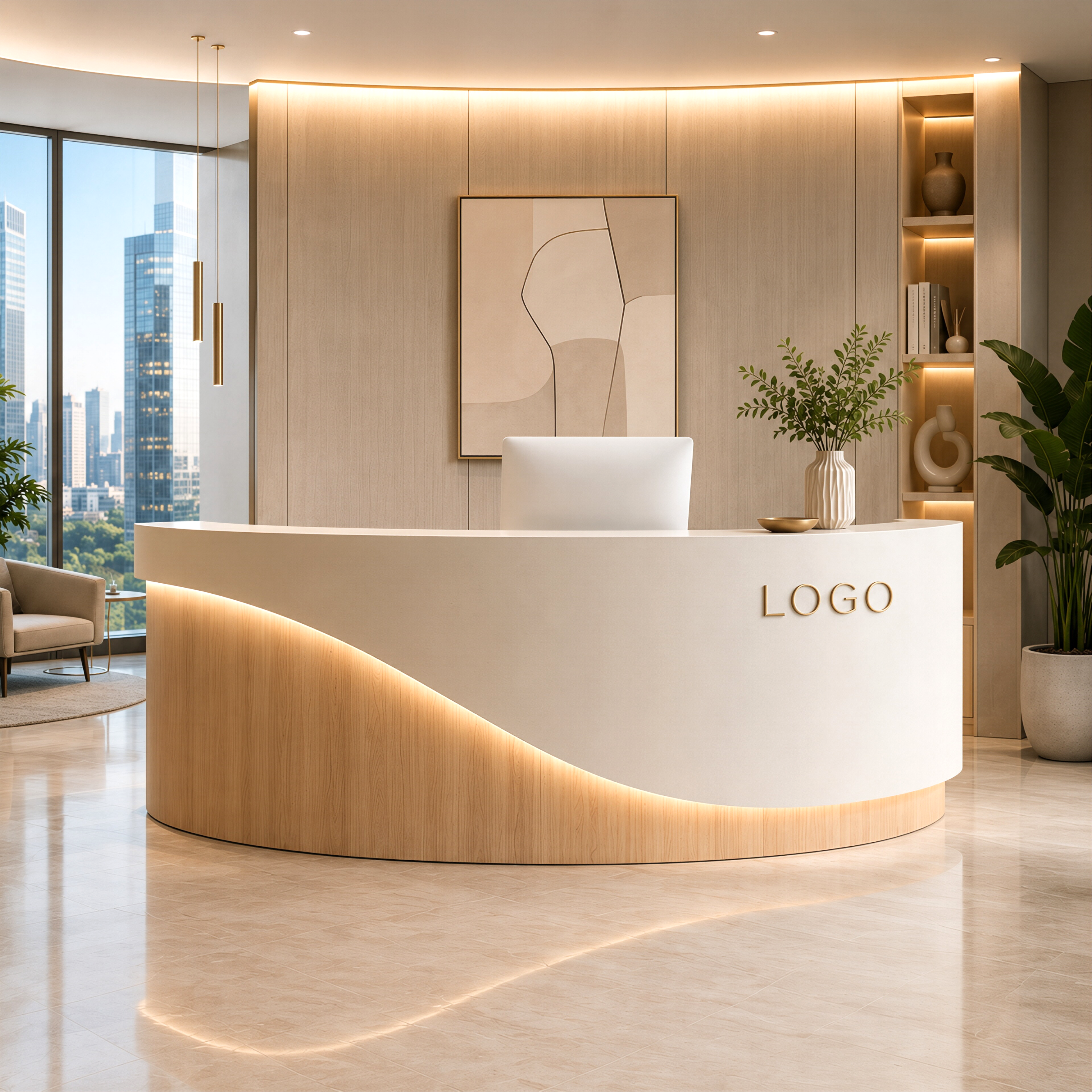 Modern Curved LED Reception Counter with Timber Finish