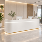 Modern Curved Reception Desk with Soft LED Glow and Dual Workstations
