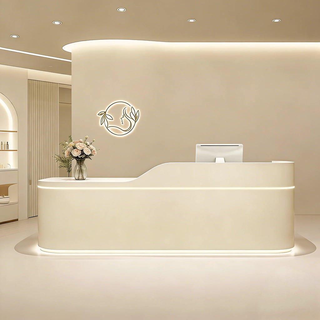Sleek Curved Reception Counter with Concealed Storage and Service Ledge