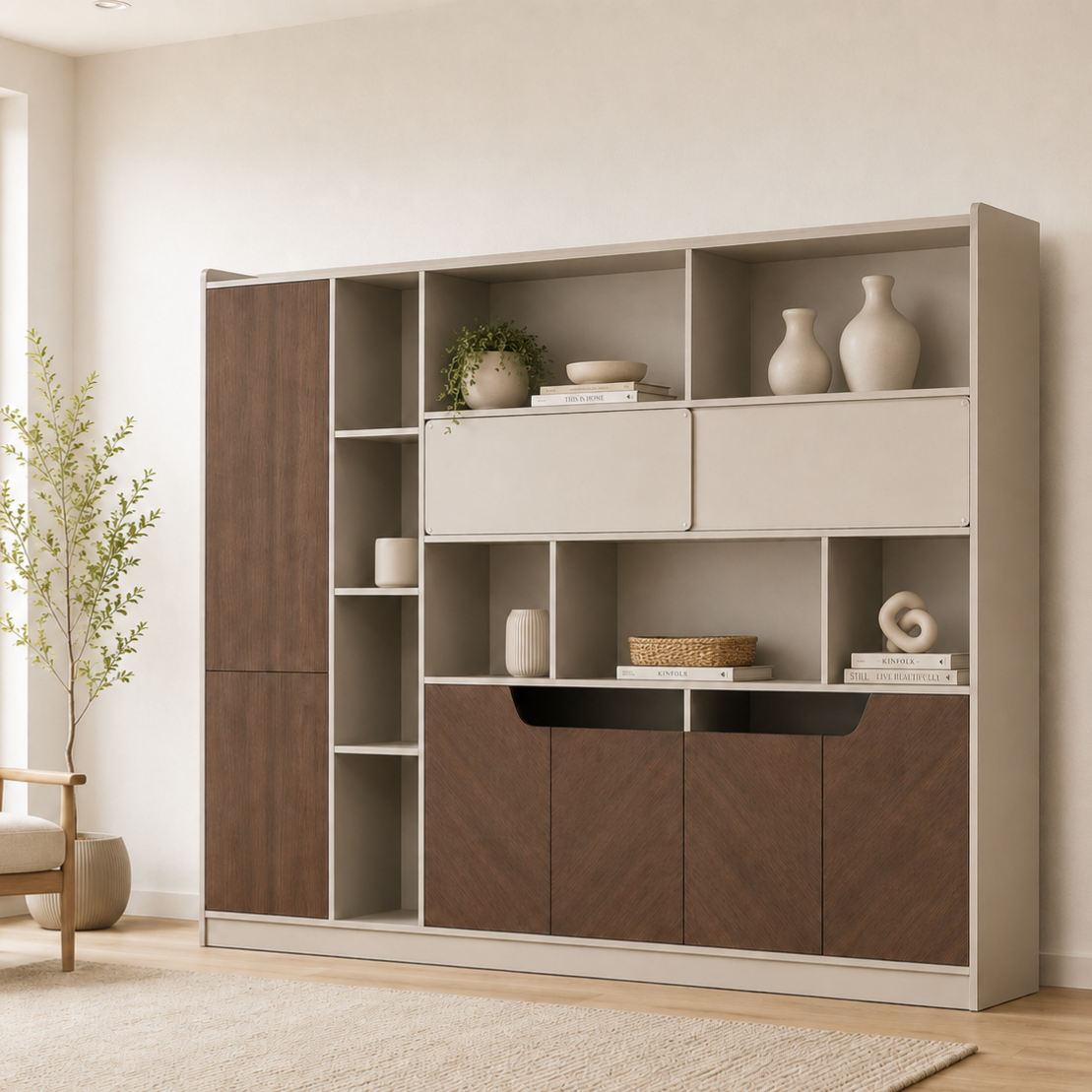 Modern Timber Storage Cabinet with Open Shelves and Glass Display