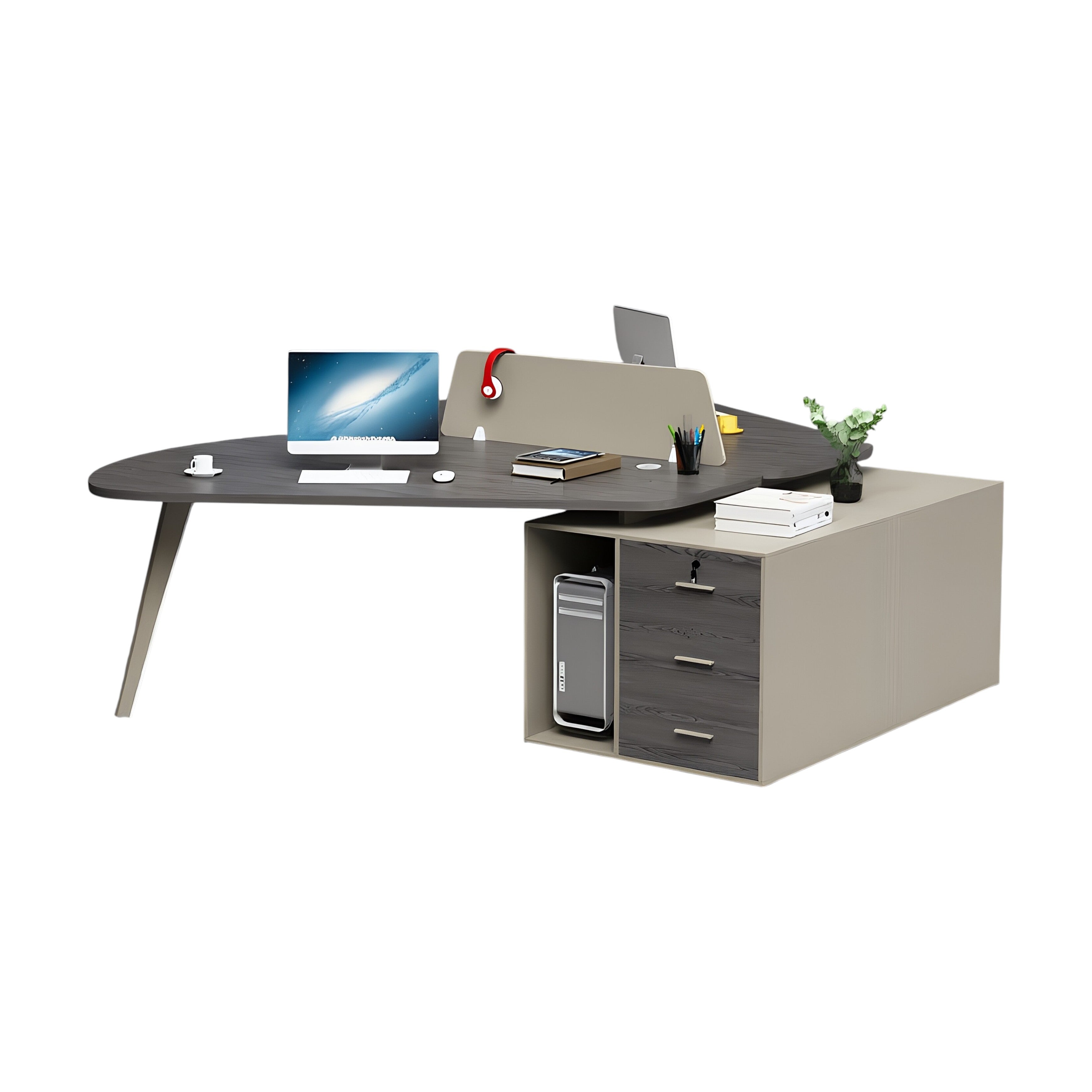 Modern Butterfly-Shaped Office Workstation Desk with Central Storage and Privacy Divider Screen