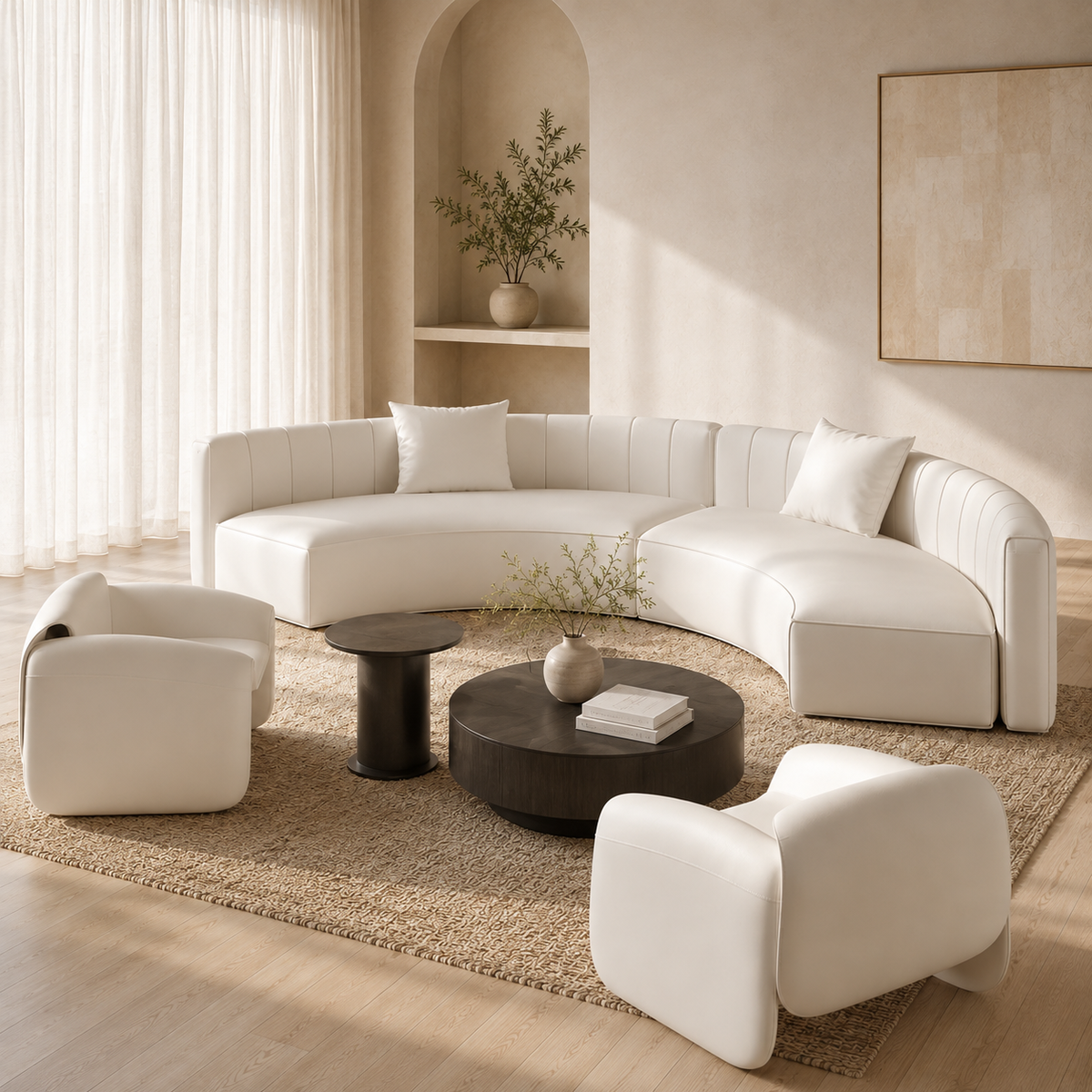 Modern Curved Faux Leather Sectional Sofa with Deep Seating