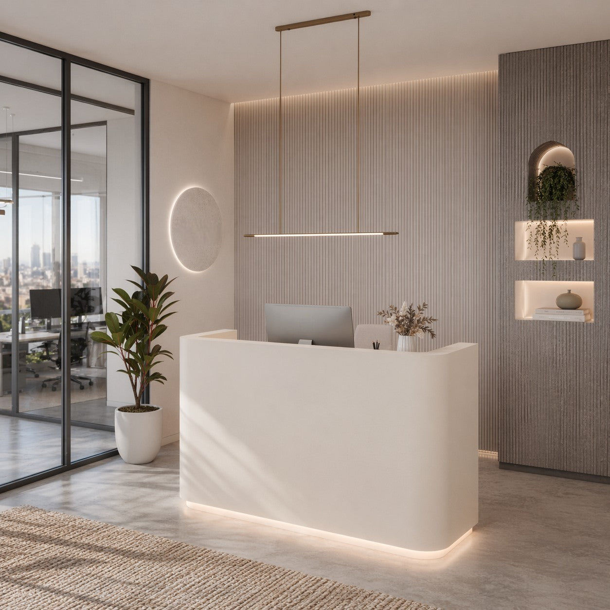 Modern Curved Reception Counter with Integrated Base LED Lighting and Minimalist White Finish