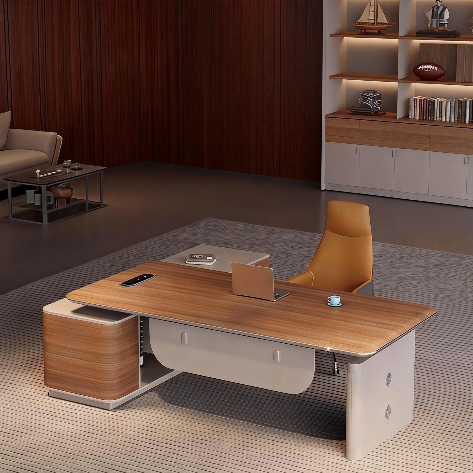 Height Adjustable Executive Desk with Walnut Top and Side Storage Return