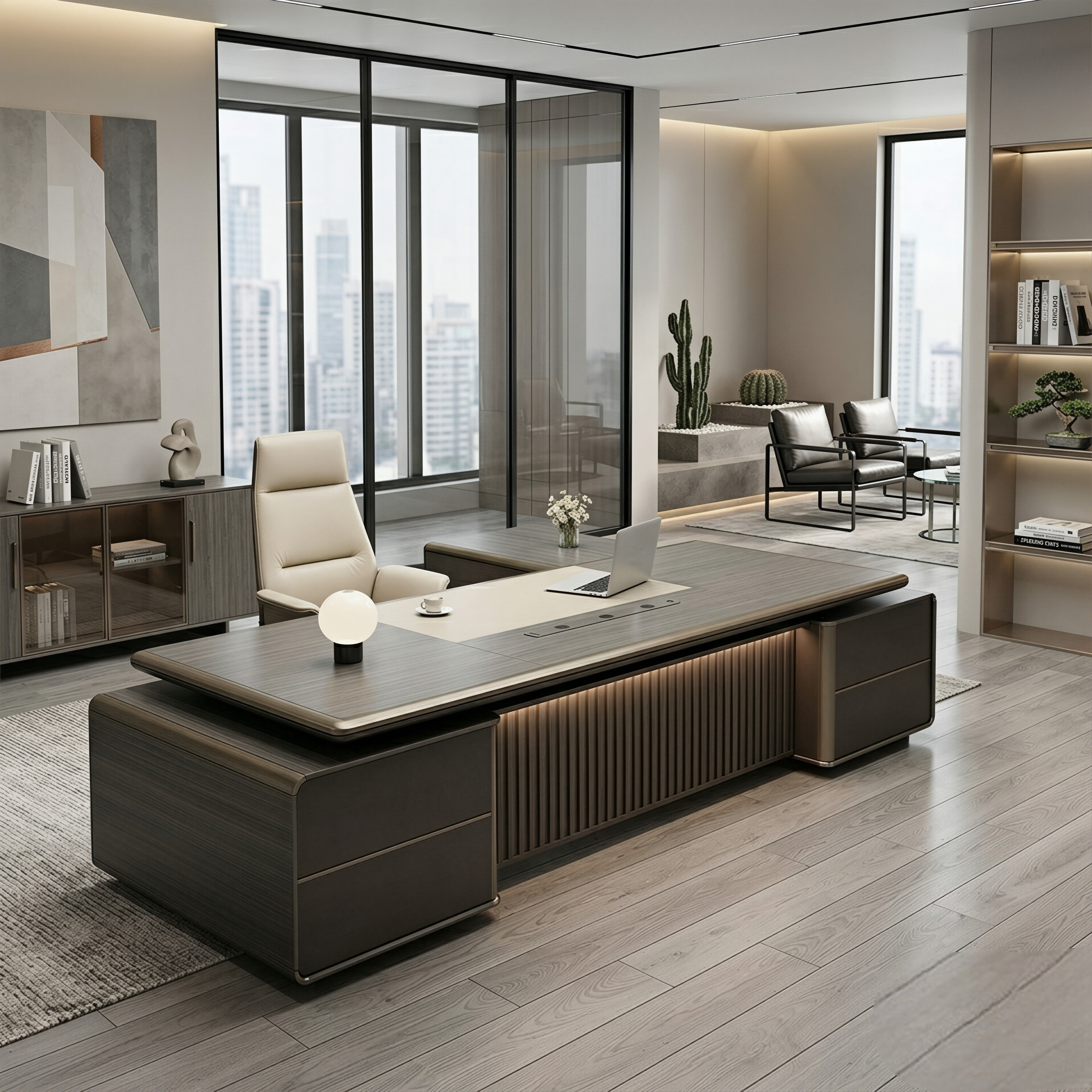 Premium Executive Office Desk with Voice-Controlled LED Lighting and Statement Side Storage
