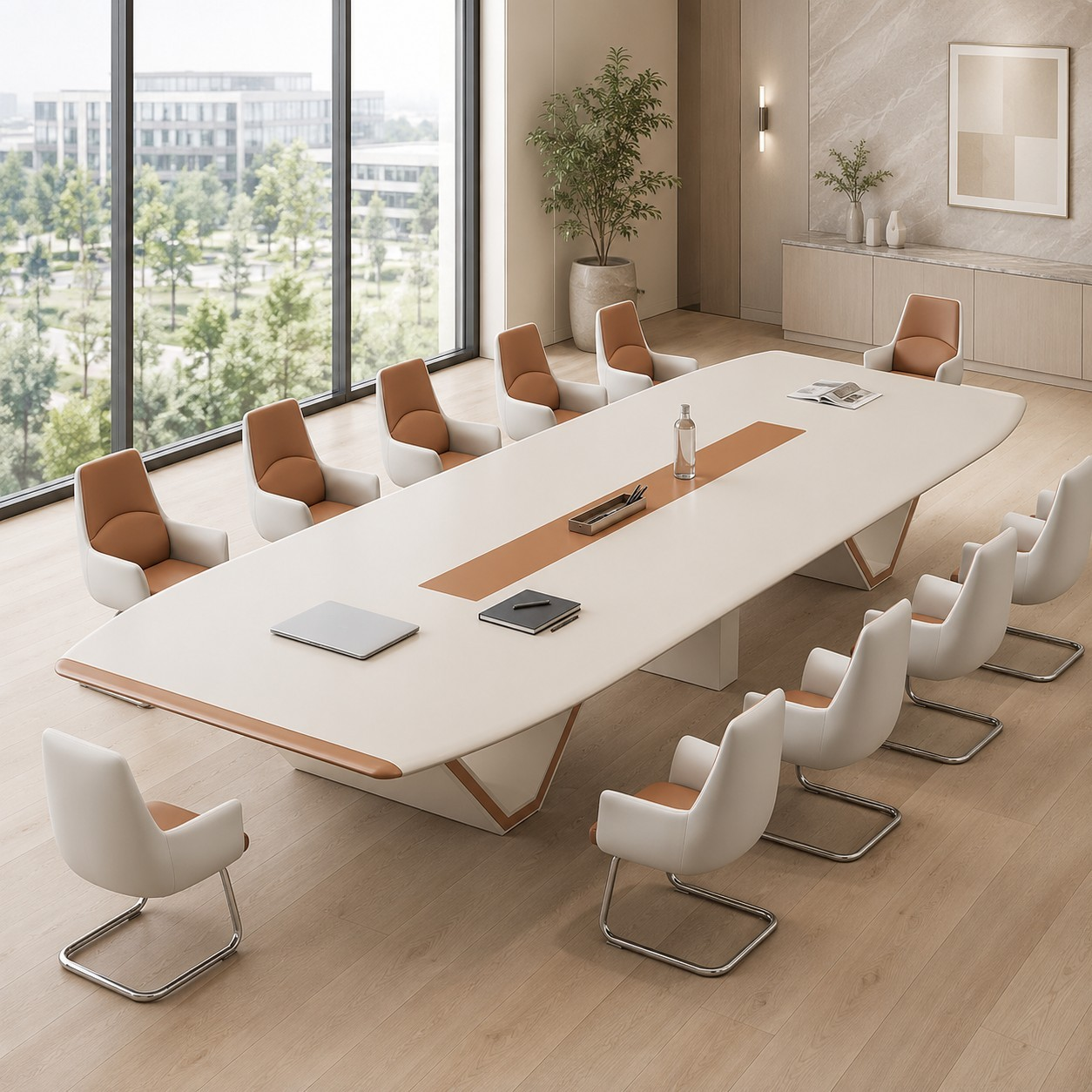 Modern Boardroom Conference Table with V-Shaped Legs and Rounded Corners