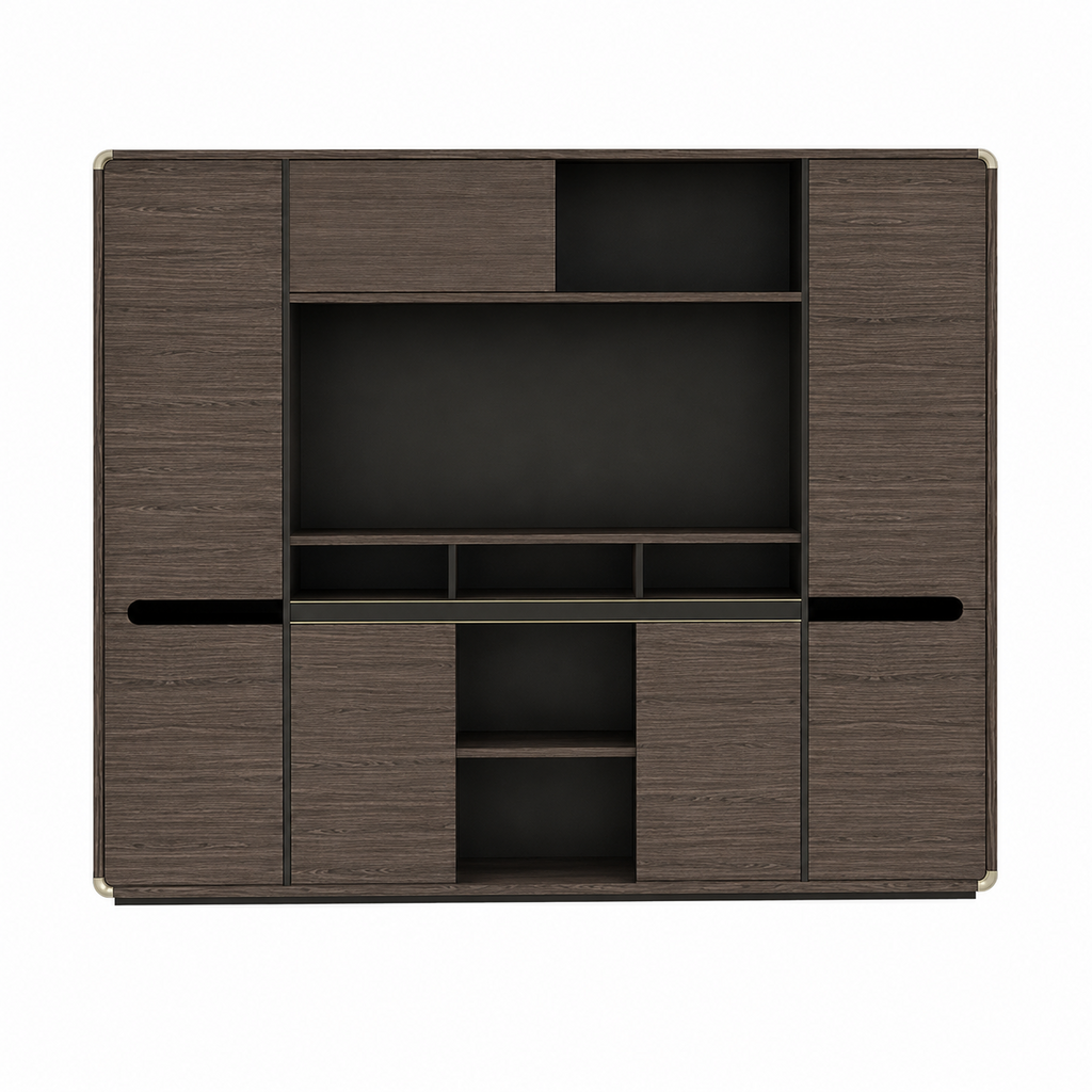 Executive Woodgrain Storage Cabinet with Rounded Corners and Display Shelves