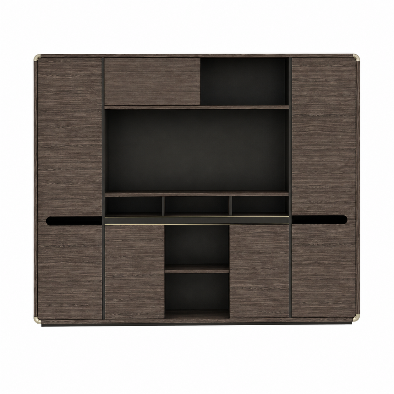 Executive Woodgrain Storage Cabinet with Rounded Corners and Display Shelves