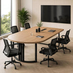 Modern Woodgrain Conference Table with Semi-Round Top, Power Outlet and Statement Metal Legs