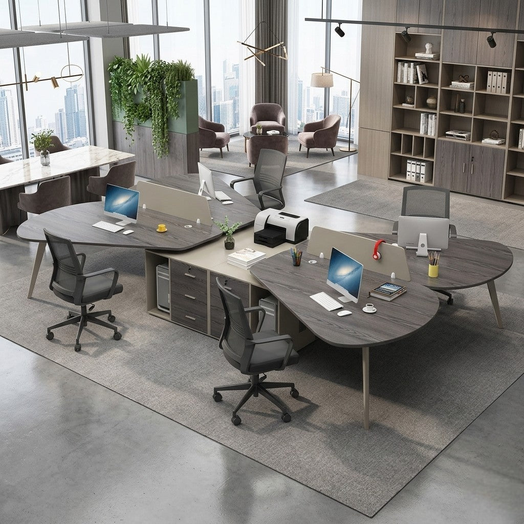 Modern Butterfly-Shaped Office Workstation Desk with Central Storage and Privacy Divider Screen