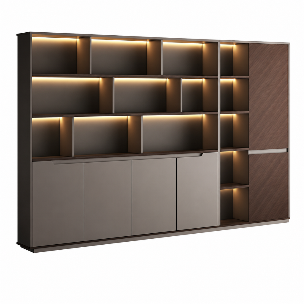 Contemporary Office Storage Wall Unit with LED Display Shelves
