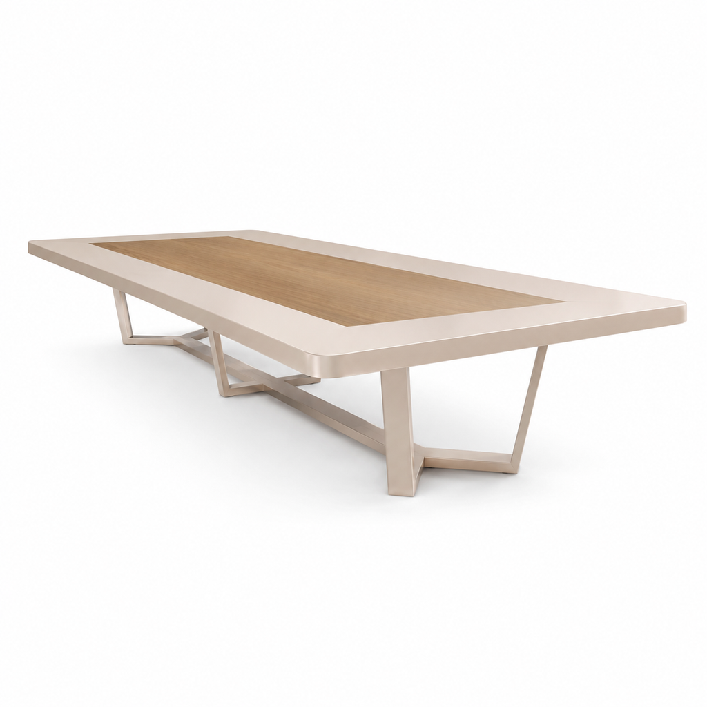 Large Two-Tone Boardroom Table with Rounded Corners and Geometric Frame