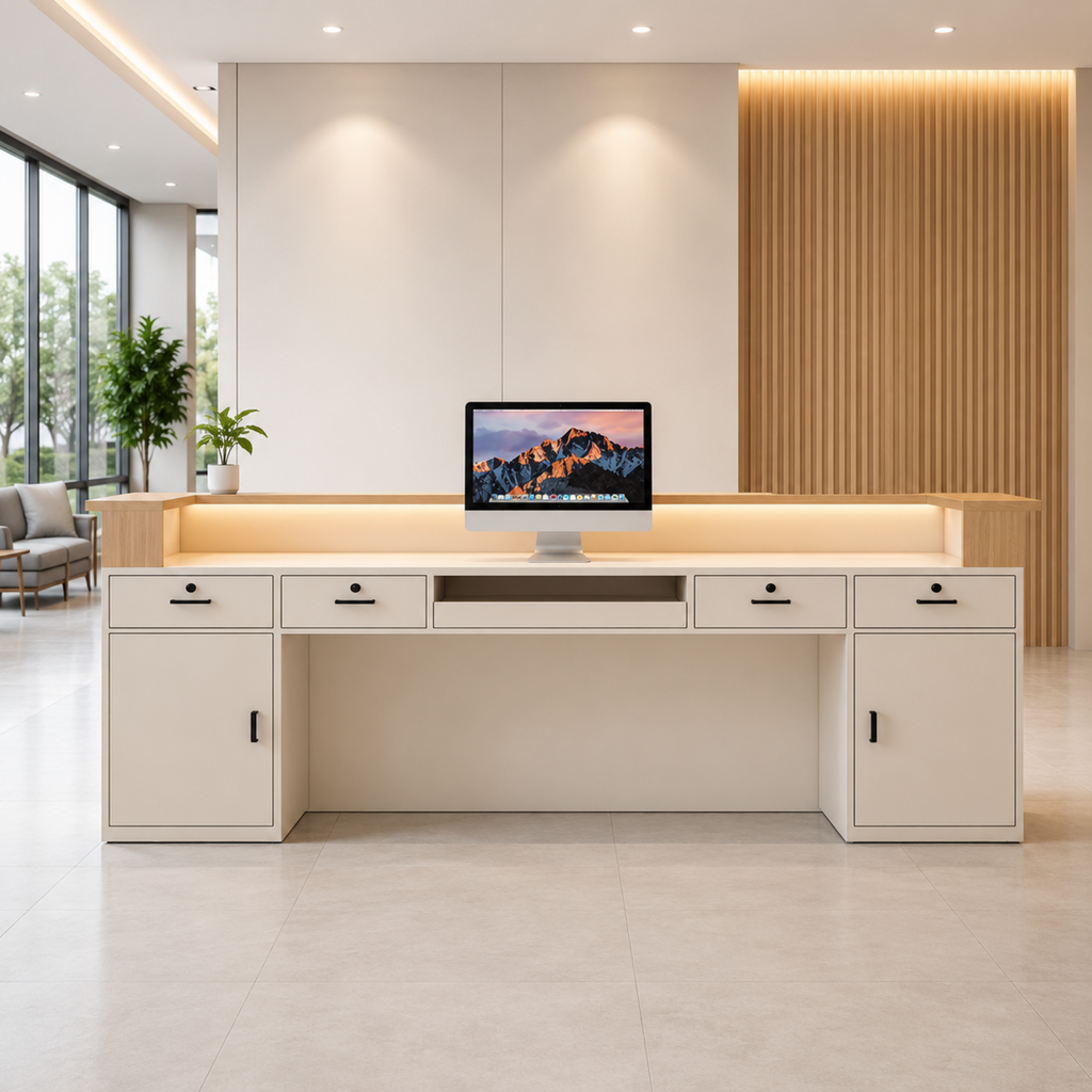 Contemporary Curved Reception Counter with Natural Finish