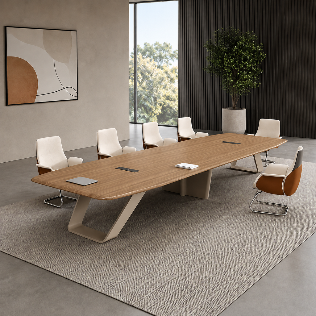 Modern Conference Table with Oak Top and Angled Steel Legs