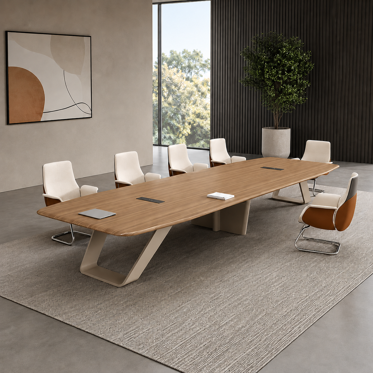Modern Conference Table with Oak Top and Angled Steel Legs