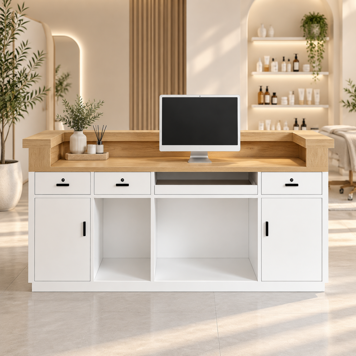 Boutique Reception Desk with Timber Top and LED Plinth