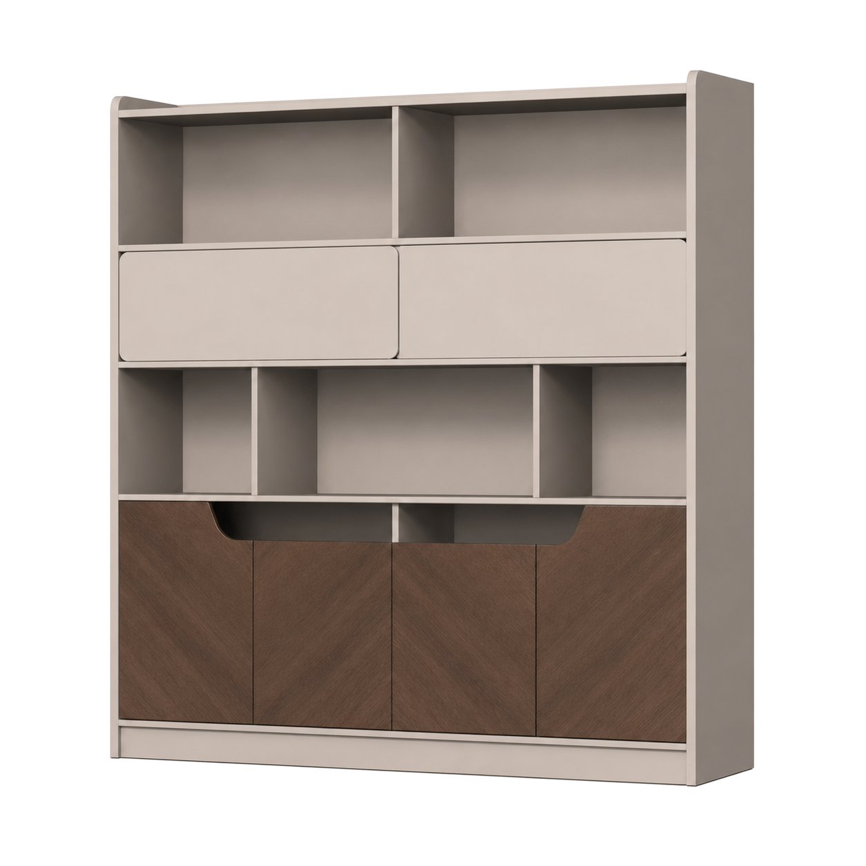 Modern Timber Storage Cabinet with Open Shelves and Glass Display