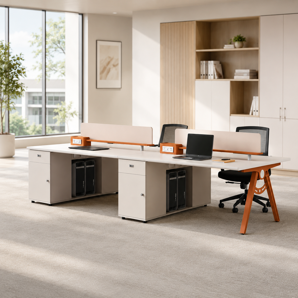 Streamlined Office Bench Desk with Divider Screen and Integrated Storage Pedestals