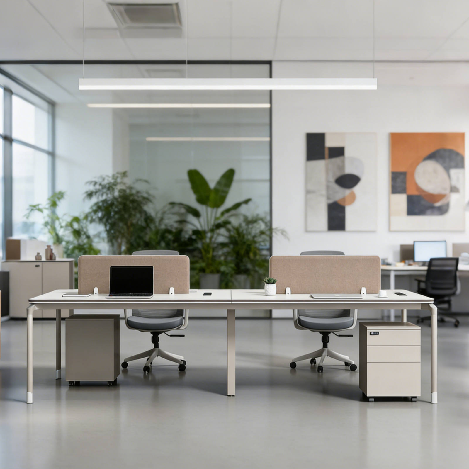 Bench Workstation Desk with Privacy Screens and Mobile Pedestals