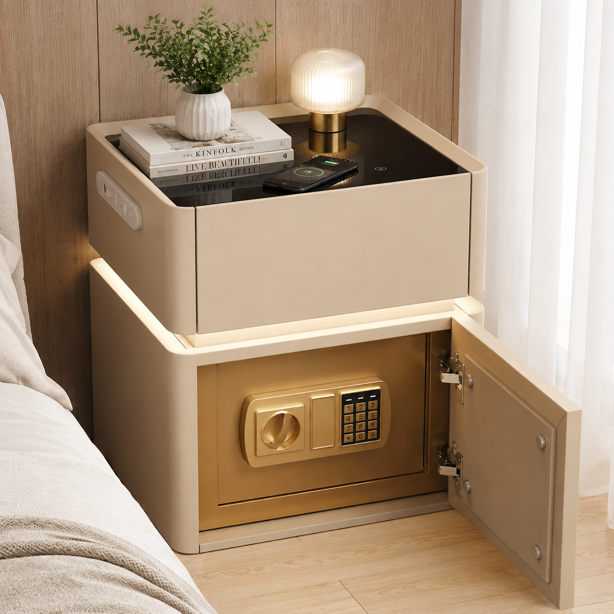 Contemporary Bedside Table with Safe, Wireless Charger and USB